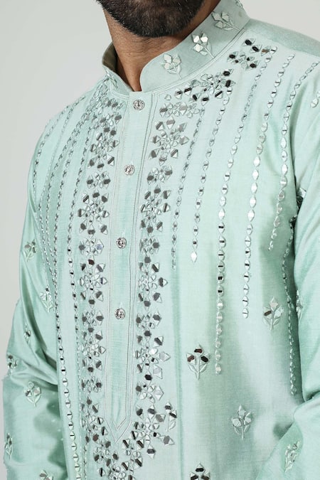 Buy_Chatenya Mittal_Blue Cotton, Silk Mirrors Work Kurta Set _Online_at_Aza_Fashions