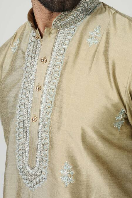 Chatenya Mittal_Gold Cotton, Silk Embroidery Aari Kurta Set _at_Aza_Fashions