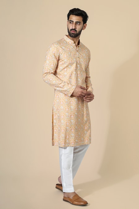 Buy_Chatenya Mittal_Orange Silk, Cotton Embroidery Thread Work Kurta Set _Online_at_Aza_Fashions