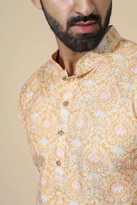 Chatenya Mittal_Orange Silk, Cotton Embroidery Thread Work Kurta Set _at_Aza_Fashions