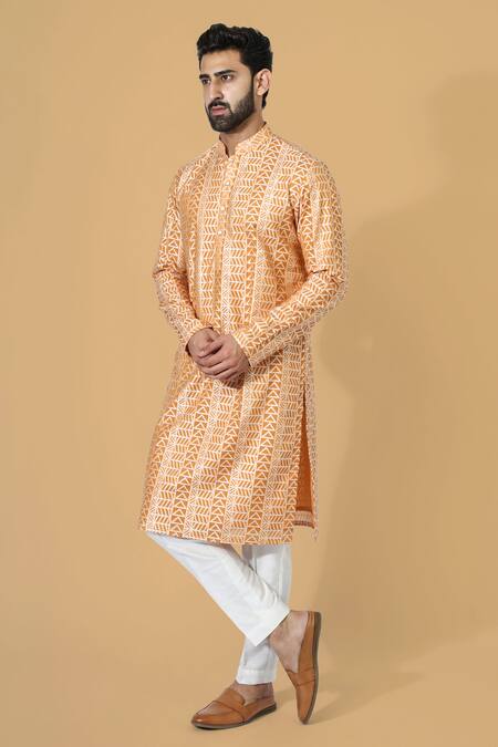 Chatenya Mittal Orange Silk, Cotton Geometric Print Kurta Set Online at Aza Fashions Chatenya Mittal_Orange Silk, Cotton Geometric Print Kurta Set_Online_at_Aza_Fashions