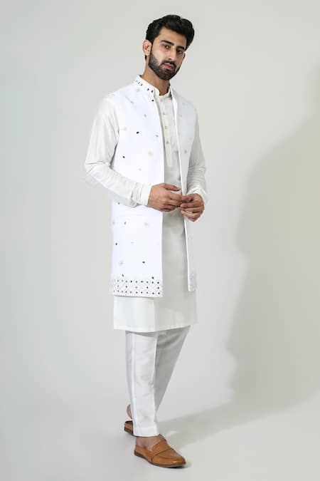 Chatenya Mittal_Off White Cotton, Linen, Silk Mirrors, Embroidery Work Bundi And Kurta Set _Online_at_Aza_Fashions
