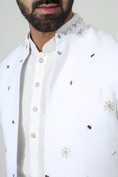 Buy_Chatenya Mittal_Off White Cotton, Linen, Silk Mirrors, Embroidery Work Bundi And Kurta Set _Online_at_Aza_Fashions