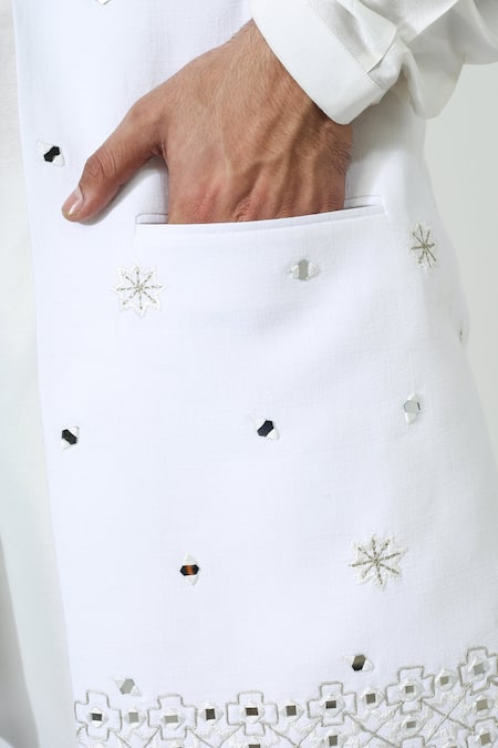 Shop_Chatenya Mittal_Off White Cotton, Linen, Silk Mirrors, Embroidery Work Bundi And Kurta Set _Online_at_Aza_Fashions
