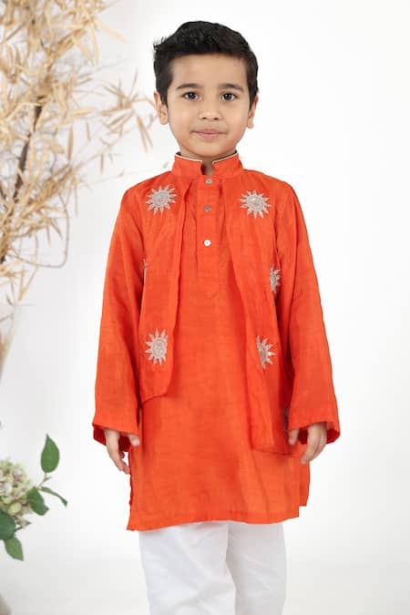 Shop LA Dee DA Orange Silk, Cotton Zari, Sequins Embroidered Panelled Kurta Set at Aza Fashions Shop_LA Dee DA_Orange Silk, Cotton Zari, Sequins Embroidered Panelled Kurta Set _at_Aza_Fashions