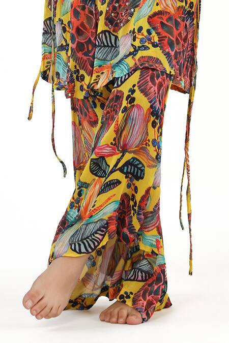 LA Dee DA_Yellow Chiffon Sequins, Mirrors, Beads Floral Print Kurti And Palazzo Set _Online_at_Aza_Fashions