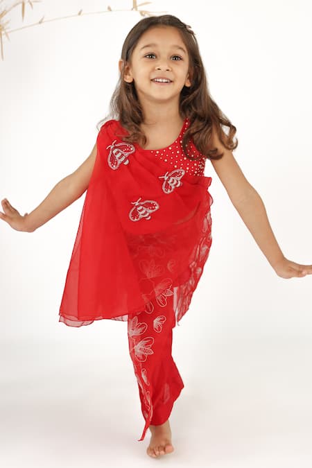 Shop LA Dee DA Red Silk, Organza Pearls, Applique Embroidered Draped Top And Palazzo Set at Aza Fashions Shop_LA Dee DA_Red Silk, Organza Pearls, Applique Embroidered Draped Top And Palazzo Set _at_Aza_Fashions