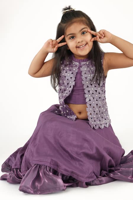 Buy_LA Dee DA_Purple Silk, Organza, Cotton Cut Work, Pearls, Floral Jacket Top And Lehenga Set _Online_at_Aza_Fashions
