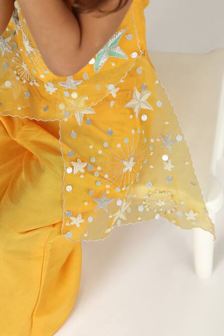LA Dee DA_Yellow Silk, Organza, Cotton Sequins, Starry Night Draped Top And Palazzo Set _Online_at_Aza_Fashions