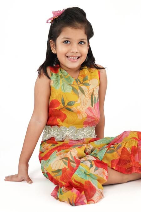 LA Dee DA_Multi Color Silk, Organza, Cotton Zari, Pearls, Floral Print Tiered Jumpsuit _Online_at_Aza_Fashions