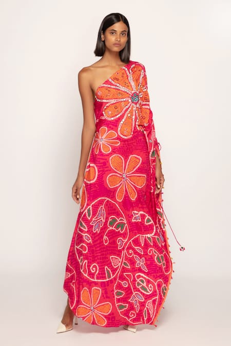 Saaksha & Kinni_Pink Silk Embroidery Asymmetric Marigold Bandhani Print One Shoulder Kaftan _Online_at_Aza_Fashions