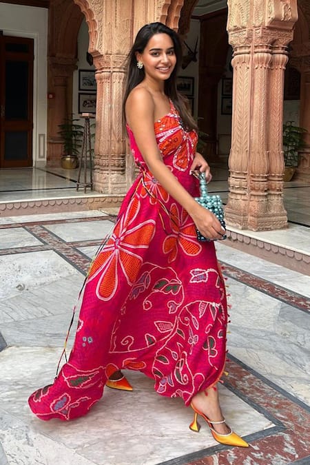 Buy_Saaksha & Kinni_Pink Silk Embroidery Asymmetric Marigold Bandhani Print One Shoulder Kaftan _Online_at_Aza_Fashions