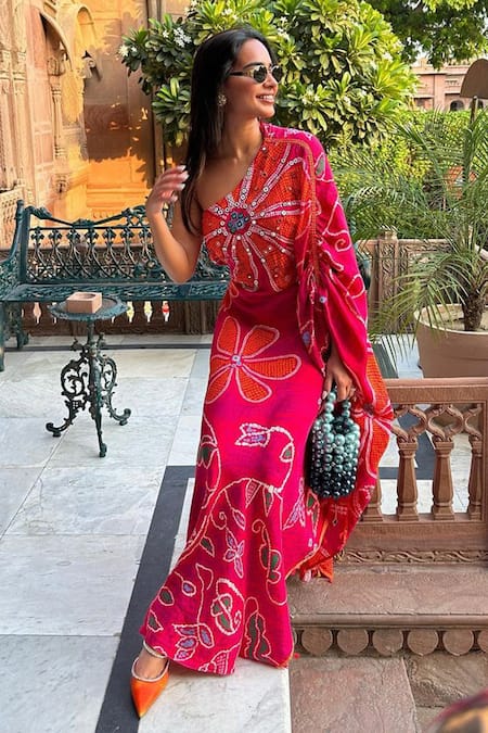 Saaksha & Kinni_Pink Silk Embroidery Asymmetric Marigold Bandhani Print One Shoulder Kaftan _at_Aza_Fashions