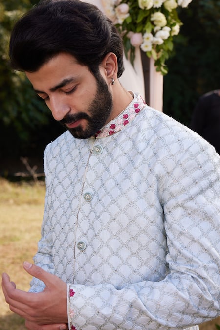 SHASHA GABA_Green Chanderi Silk Pearls, Sequins, Stones Chamundi Embroidered Sherwani _Online_at_Aza_Fashions