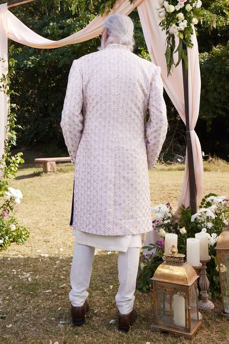 Shop_SHASHA GABA_Ivory Silk Pearls, Sequins, Stones Raw Embroidered Sherwani _at_Aza_Fashions