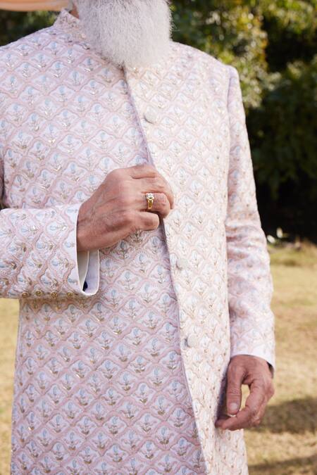 SHASHA GABA_Ivory Silk Pearls, Sequins, Stones Raw Embroidered Sherwani _Online_at_Aza_Fashions