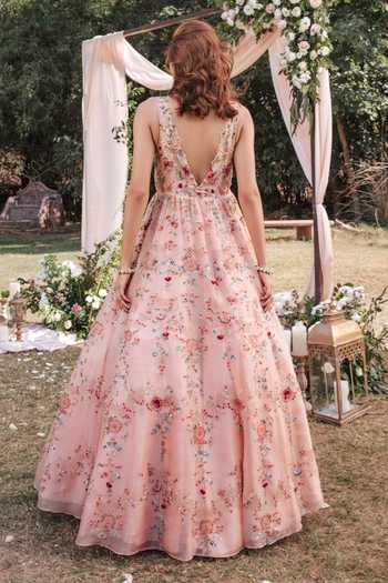 Shop SHASHA GABA Pink Organza Pearls, Sequins V-neck Embroidered Gown at Aza Fashions Shop_SHASHA GABA_Pink Organza Pearls, Sequins V-neck Embroidered Gown _at_Aza_Fashions