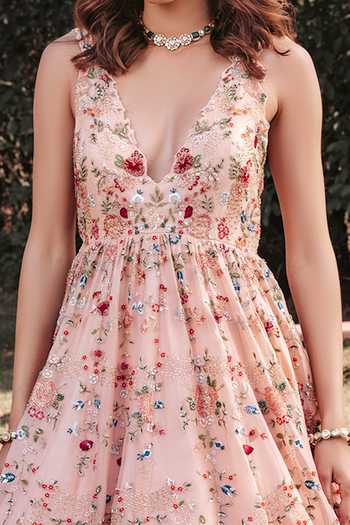 SHASHA GABA Pink Organza Pearls, Sequins V-neck Embroidered Gown Online at Aza Fashions SHASHA GABA_Pink Organza Pearls, Sequins V-neck Embroidered Gown _Online_at_Aza_Fashions