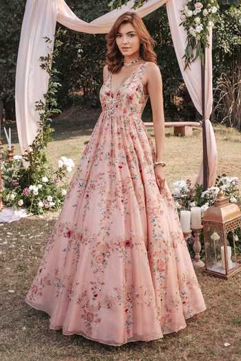 Buy SHASHA GABA Pink Organza Pearls, Sequins V-neck Embroidered Gown Online at Aza Fashions Buy_SHASHA GABA_Pink Organza Pearls, Sequins V-neck Embroidered Gown _Online_at_Aza_Fashions