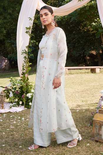 SHASHA GABA_Green Satin, Linen, Organza Floral Pattern Embroidered Jacket Trouser Set _Online_at_Aza_Fashions