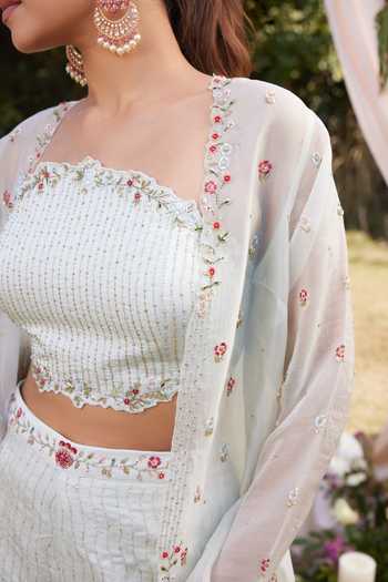 Buy_SHASHA GABA_Green Satin, Linen, Organza Floral Pattern Embroidered Jacket Trouser Set _Online_at_Aza_Fashions