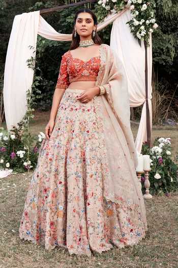 SHASHA GABA Beige Organza, Chanderi , Pearls, Sequins, Embroidery Lehenga Set Online at Aza Fashions SHASHA GABA_Beige Organza, Chanderi , Pearls, Sequins, Embroidery Lehenga Set _Online_at_Aza_Fashions