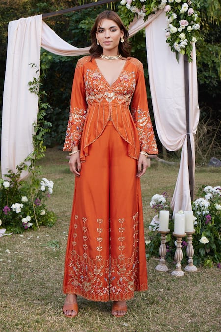 SHASHA GABA Floral Embroidered Peplum Top & Trouser Set 