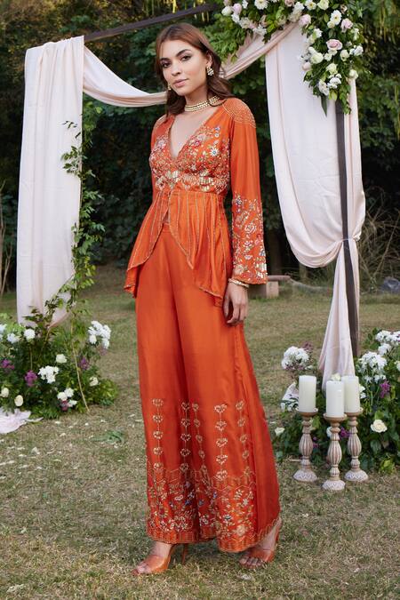 SHASHA GABA_Brown Chanderi , Pearls, Sequins, Floral Peplum Top And Trouser Set _Online_at_Aza_Fashions