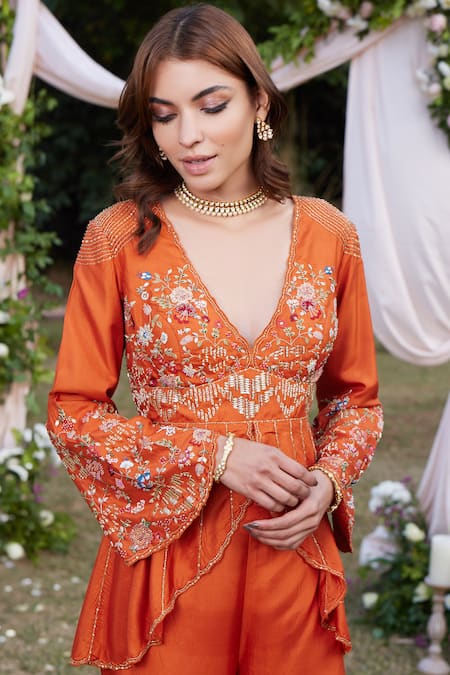 Buy_SHASHA GABA_Brown Chanderi , Pearls, Sequins, Floral Peplum Top And Trouser Set _Online_at_Aza_Fashions