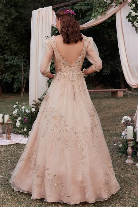 Shop SHASHA GABA Beige Organza Pearls, Sequins, Embroidery Sweetheart Floral Vine Pattern Gown at Aza Fashions Shop_SHASHA GABA_Beige Organza Pearls, Sequins, Embroidery Sweetheart Floral Vine Pattern Gown _at_Aza_Fashions