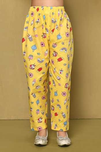 Petite Pomme_Yellow Cotton Cupcake And Unicorn Print Night Suit Set_at_Aza_Fashions