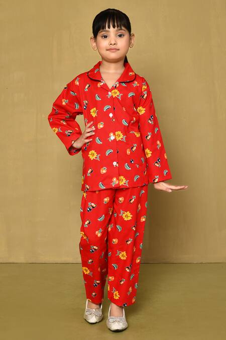 Petite Pomme_Red Cotton Fruits And Floral Print Night Suit_Online_at_Aza_Fashions