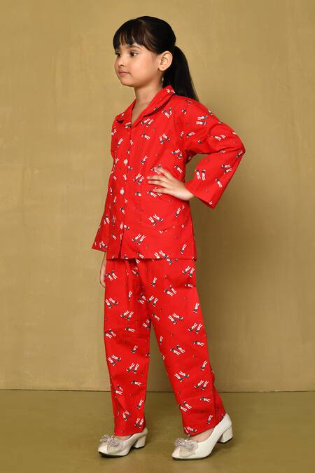 Petite Pomme_Red Cotton Bunny Print Night Suit_at_Aza_Fashions