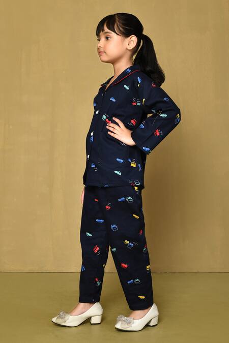 Petite Pomme_Blue Cotton Full Sleeve Vehicle Print Night Suit_at_Aza_Fashions