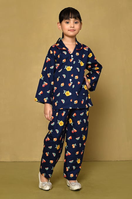 Samyukta Singhania Blue Cotton Fruits Print Full Sleeve And Floral Night Suit 