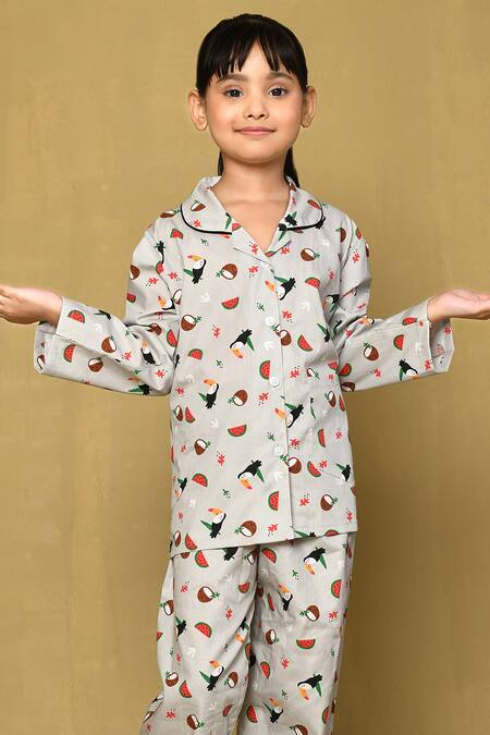 Petite Pomme_Grey Cotton Toucan Print Night Suit_Online_at_Aza_Fashions