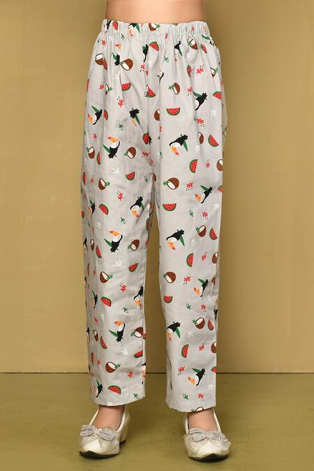 Petite Pomme_Grey Cotton Toucan Print Night Suit_at_Aza_Fashions