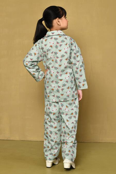 Shop_Petite Pomme_Green Cotton Birds Print Night Suit_at_Aza_Fashions