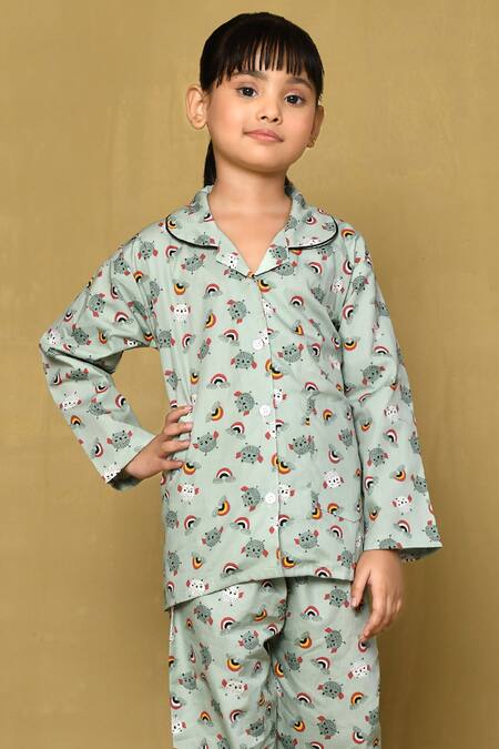 Petite Pomme_Green Cotton Birds Print Night Suit_Online_at_Aza_Fashions