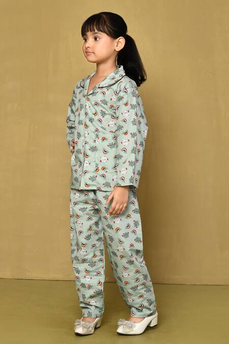 Shop_Petite Pomme_Green Cotton Birds Print Night Suit_Online_at_Aza_Fashions