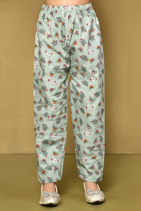 Petite Pomme_Green Cotton Birds Print Night Suit_at_Aza_Fashions