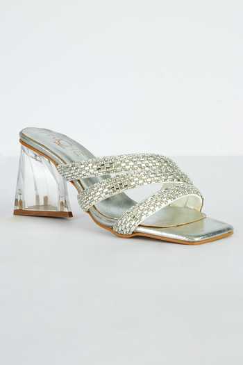 Shop_The Niche Label_Silver Stone Embellished Beyonce Flared Heels_Online_at_Aza_Fashions