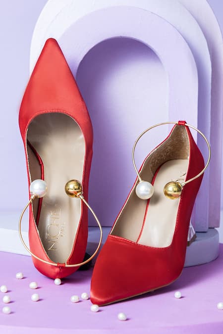 THE NICHE LABEL Red Pearl Embellished Cleopatra Transparent Block Heels