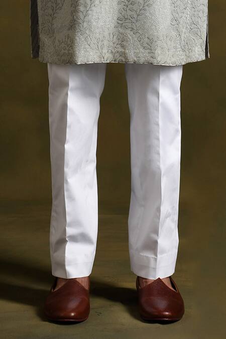 Shop_Punit Arora_Grey Blend Of Cotton Silk Embroidered Vine Kurta Trouser Set 