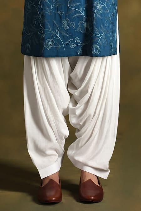 Shop_Punit Arora_Blue Blend Of Cotton Silk Embroidered Floral Kurta Set With Stole 