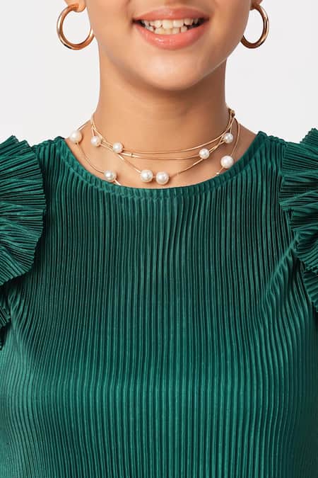 Buy_Lil Drama_Green Polyester Pearls Pleated Crop Top And Pant Co-ord Set _Online_at_Aza_Fashions