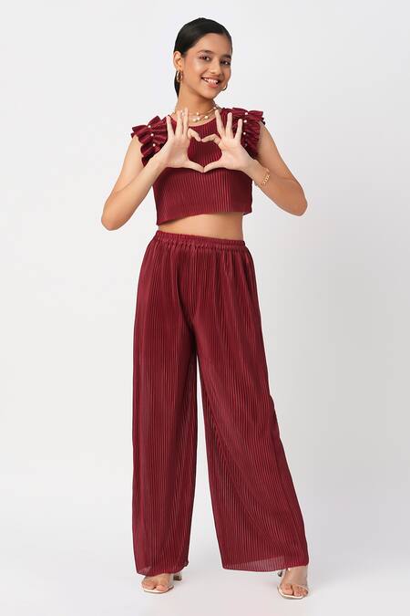 Lil Drama_Maroon Polyester Pearls Pleated Crop Top Pant Co-ord Set _Online_at_Aza_Fashions