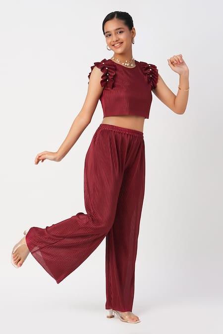 Buy_Lil Drama_Maroon Polyester Pearls Pleated Crop Top Pant Co-ord Set _Online_at_Aza_Fashions