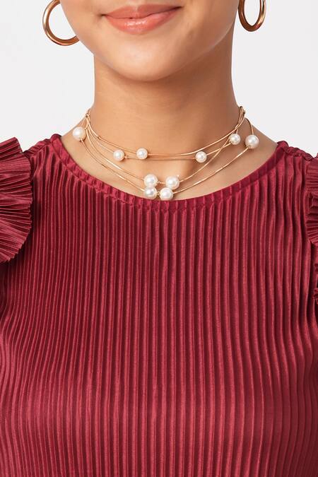 Shop_Lil Drama_Maroon Polyester Pearls Pleated Crop Top Pant Co-ord Set _Online_at_Aza_Fashions