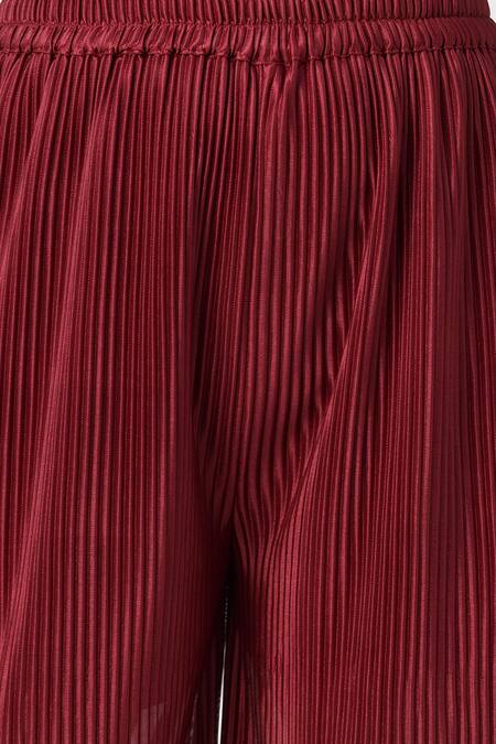 Lil Drama_Maroon Polyester Pearls Pleated Crop Top Pant Co-ord Set _at_Aza_Fashions